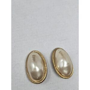 Givenchy Gold Tone Large Oval Matte Pearl Clip On Earrings
